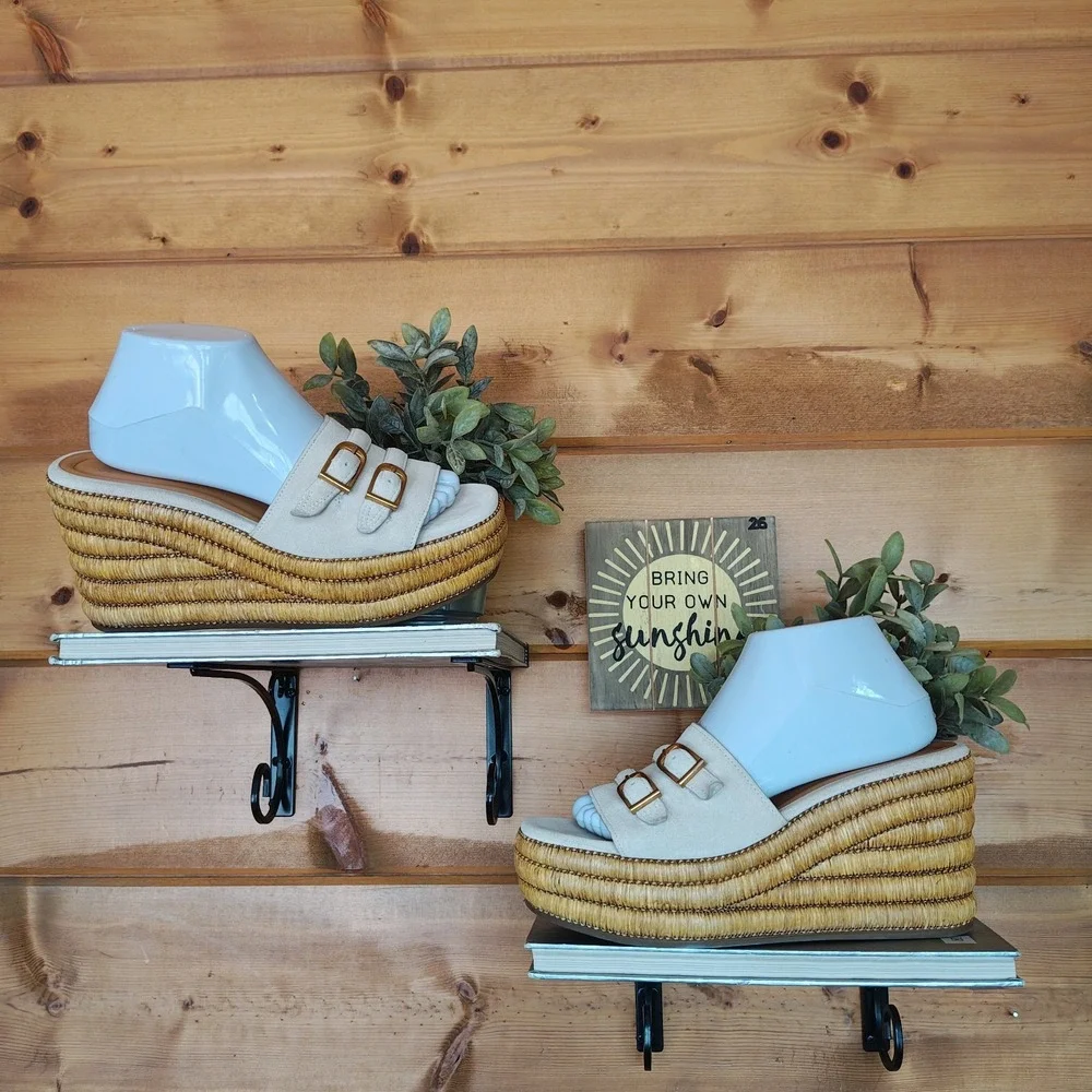 Franco Sarto A-Torino Leather Espadrille Slide Buckle Sandal Platform Wedge 9.5M